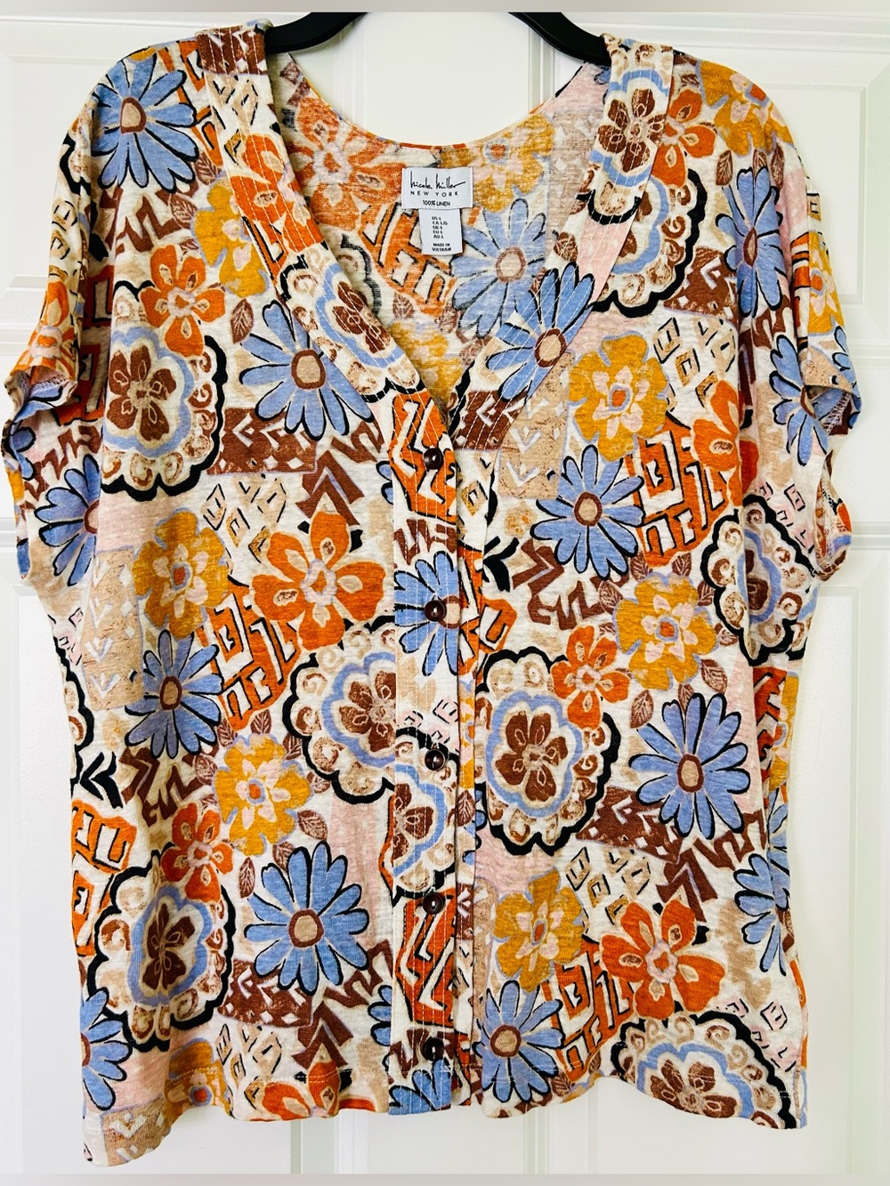 Nicole Miller Multicolor 100% Linen Floral Button-Front Top